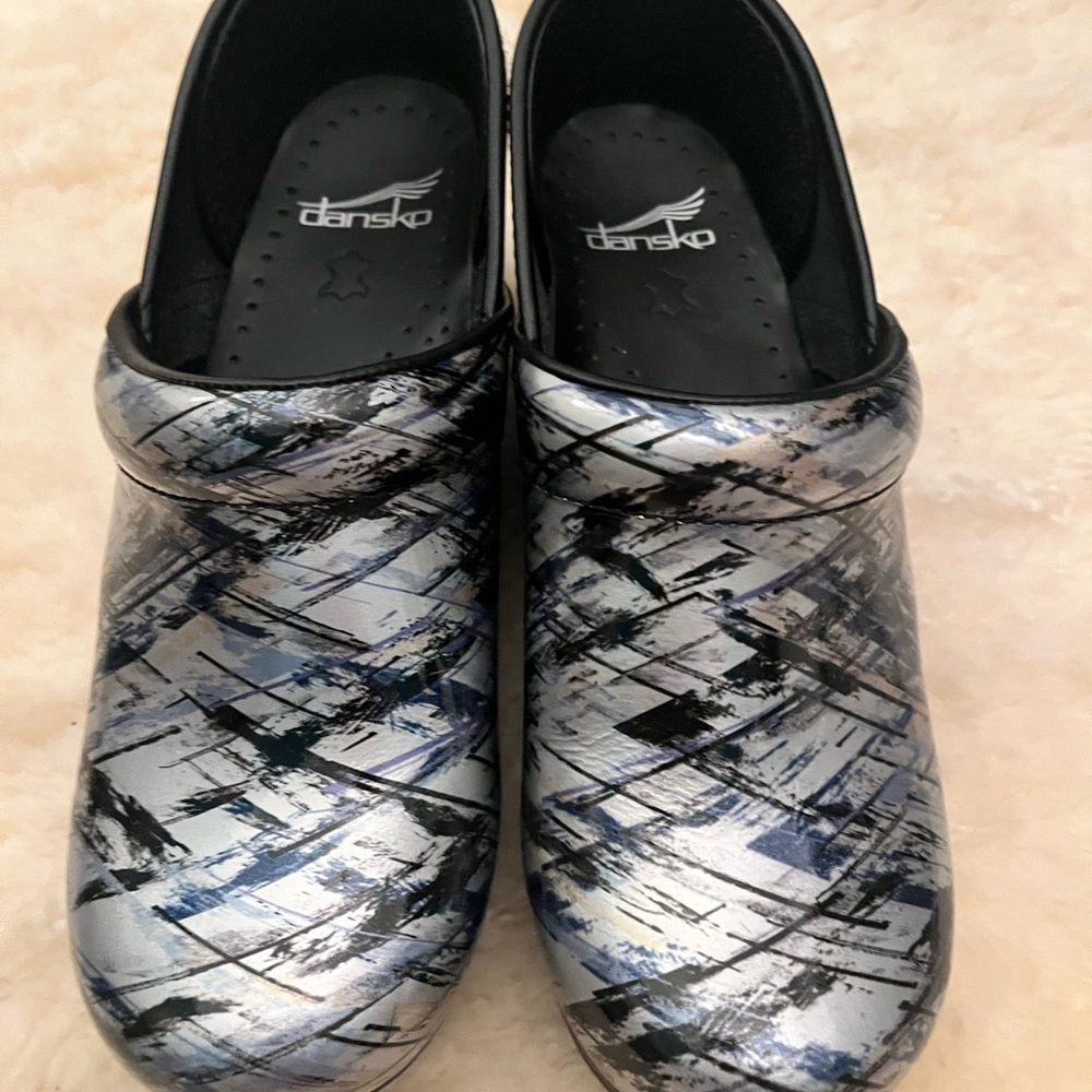 Dansko Metallic and Black, Blue, Silver Artistic Professional Clogs Size:38